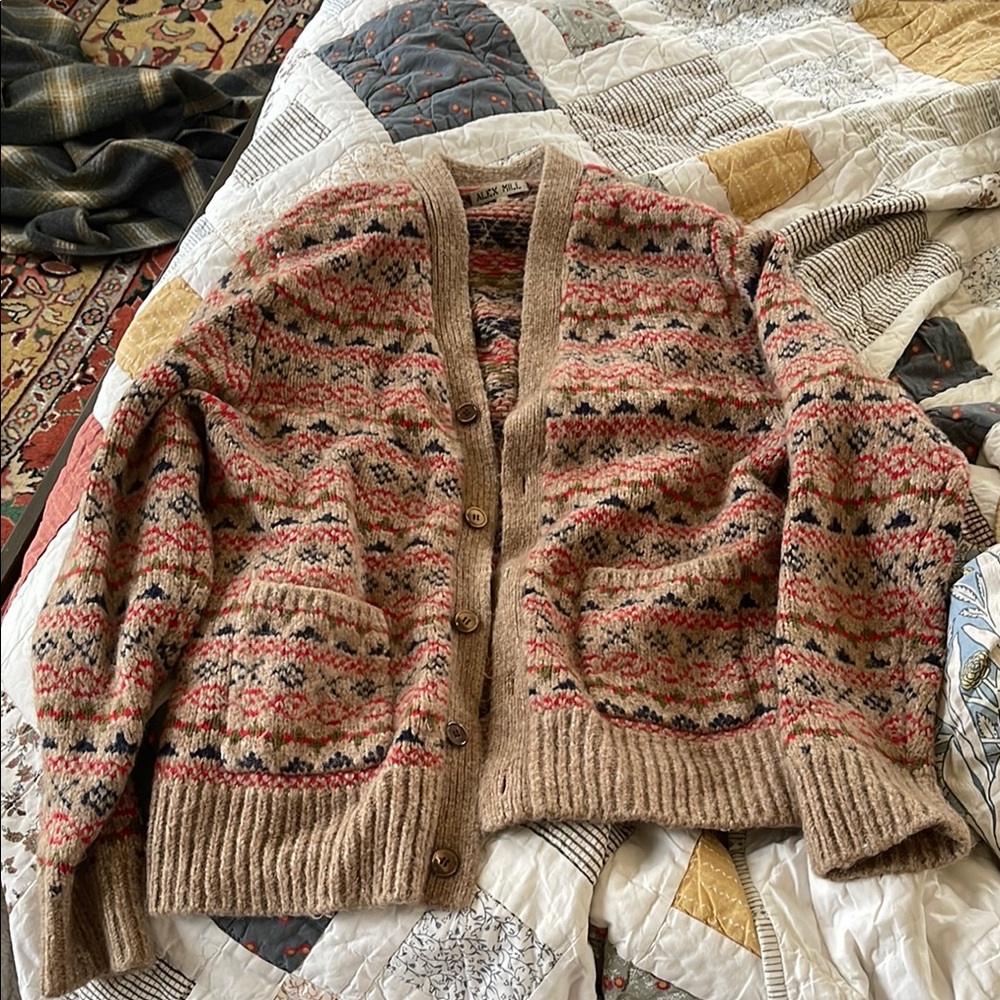Alex Mill Cozy Beige Cardigan Sweater with Fair Isle Pattern and Ribbed Hem